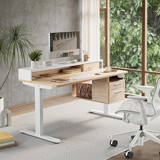 CubiCubi Standing Desk with Wood Drawers, 48" x 24" Electric Height Adjustable Table with Monitor Shelf, 3 Drawers and Open Storage, Computer Home Office Sit and Stand up Workstation, Maple