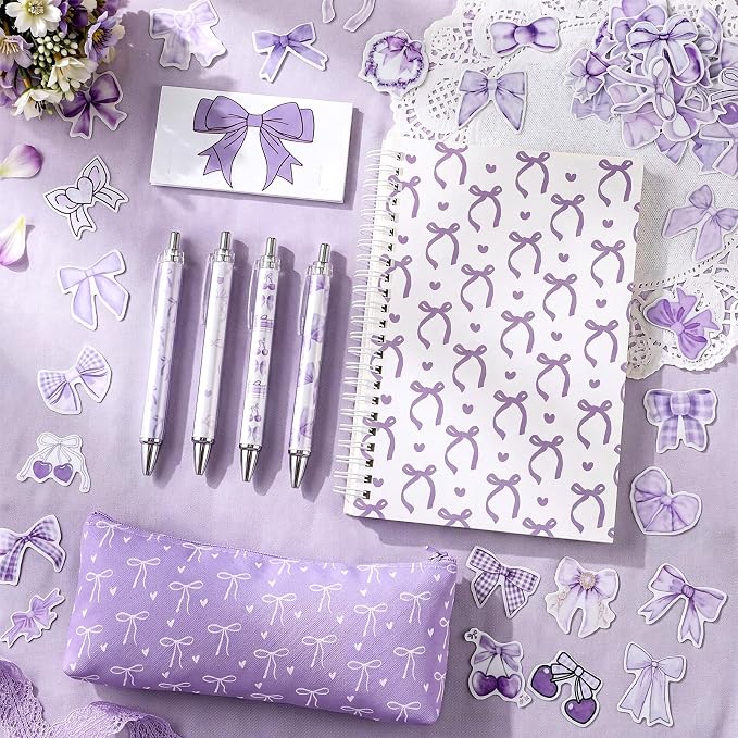 Sayglossy Purple Bow Stationery Gift Coquette School Supplies Set Include Pens Aesthetic Journal Notebook Pencil Case and Stickers Preppy Back to School Supplies for Girl Students