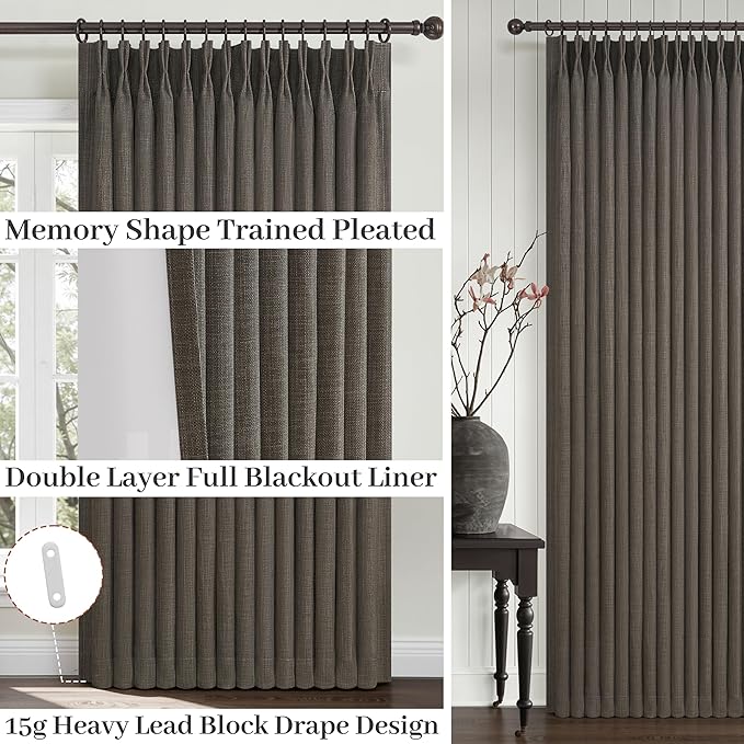 Extra Long 108 Inch Blackout Living Room Curtains 2 Panels Set, Memory Trained Pinch Pleated Chocolate Tart Two Layer Thick Natural Linen Thermal Sound Dampening Country Ceiling Windows Drapes Burlap