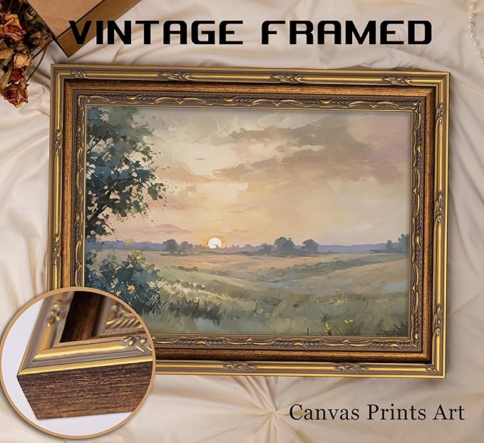 Vintage Gold Framed Wall Art Retro Fall Sunset Country Oil Painting Canvas Prints Watercolor Autumn Landscape Picture Rustic Farmhouse Soft Nature Poster Artwork for Living Room Bedroom, 16x24in