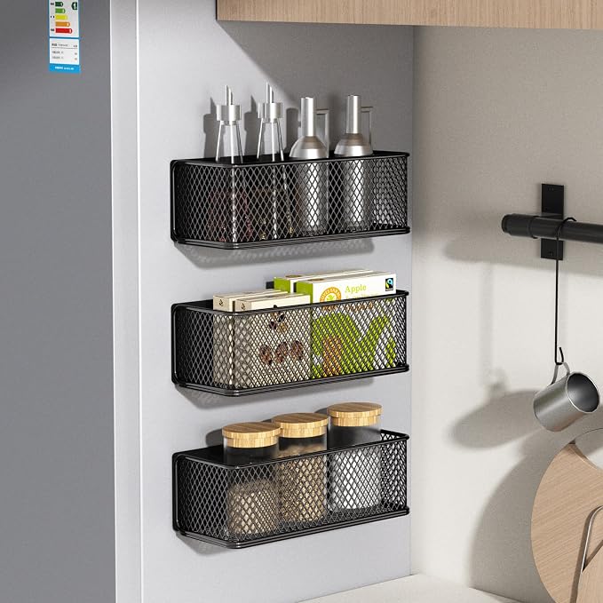 Buyyyit Magnetic Basket Bins Fridge Organizer Pencil Holder - Whiteboard Accessories for Home Kitchen Organization (Mesh Black-High)