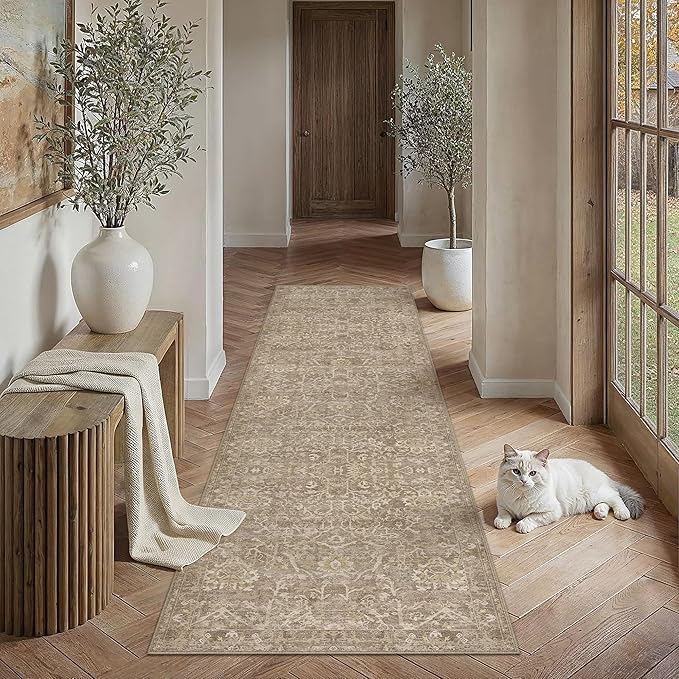 HUGEAR 3x8 Runner Rug Hallway Light Brown Machine Washable Vintage Floral Low Pile Carpet Vacuumable Distressed Long Throw Rug Bedroom Office Bathroom Kitchen Laundry Non Slip Soft Lightweight