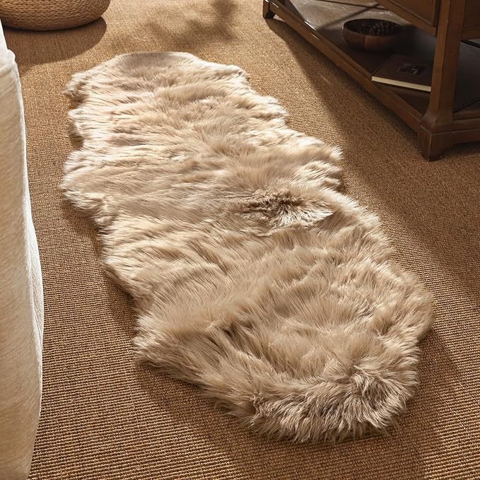 Ashler Faux Fur Rug, Fluffy Shaggy Area Rug Ultra Soft 2 x 6 Feet Sheepskin Fur Rug, Beige Fuzzy Machine Washable Shag Rug, Nursery Decor Throw Rugs for Bedroom, Kids Room, Living Room