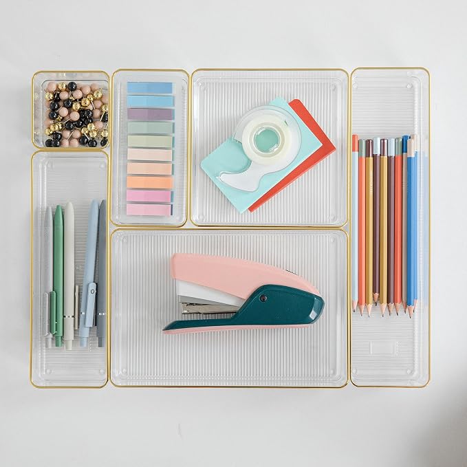 Martha Stewart Kerry Stackable Desk Drawer Organizers, Clear/Gold, 6-Pack | Various Sizes, Gold Trim, Stackable