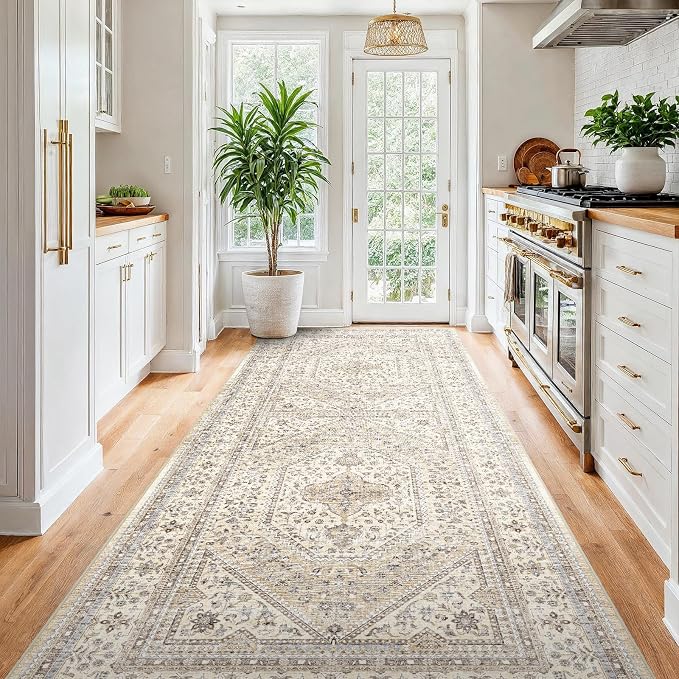 4x8 Runner Rug for Hallway Washable: Non Slip Kitchen Rugs with Rubber Backing Soft Waterproof Wide Mats Stain Resistant Low Pile Carpet for Entryway Bedroom Bathroom Laundry Home Decor Beige/Gray