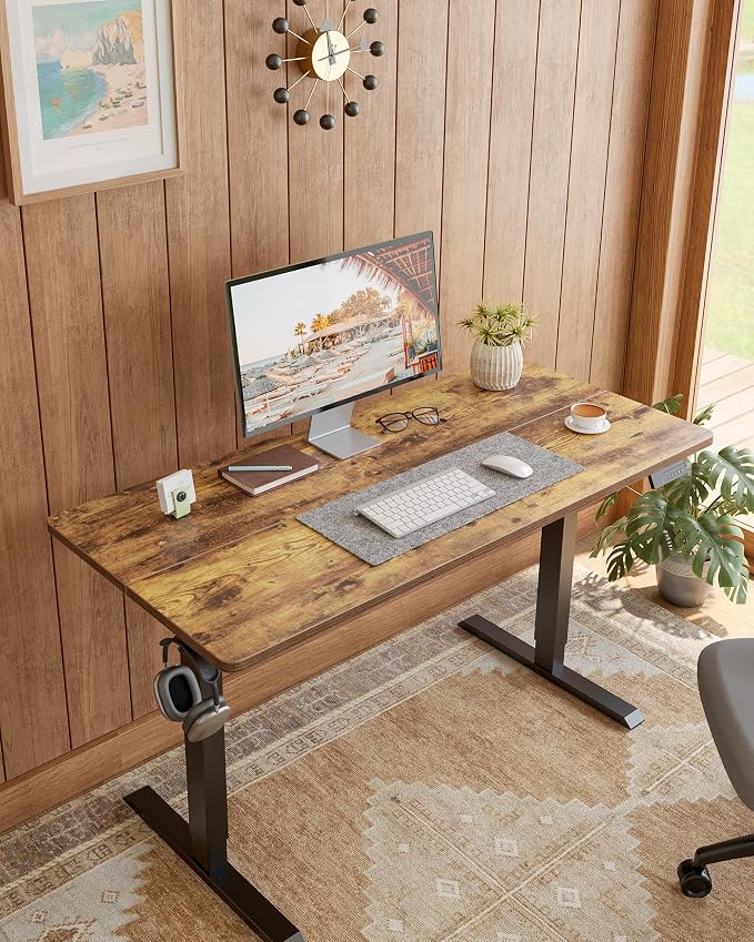 DESINO Standing Desk, 48 × 24 Inches Electric Height Adjustable, Sit and Stand Up, Computer Office Desk with Splice Board, Black Frame/Rustic Brown TOP