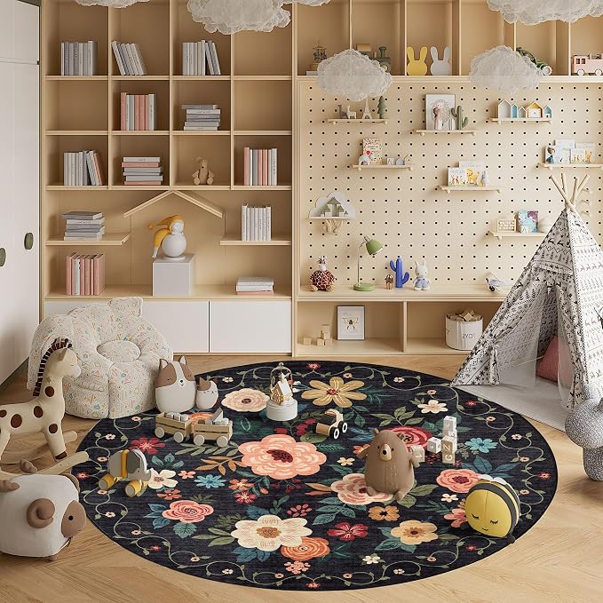 DUKINO Floral Round Rug, 6ft Washable Circle Rug, Non Slip Indoor Low Pile Circle Rug, Soft Small Boho Design Carpet for Bedroom, Entryway, Living Room, Dining Room, Black