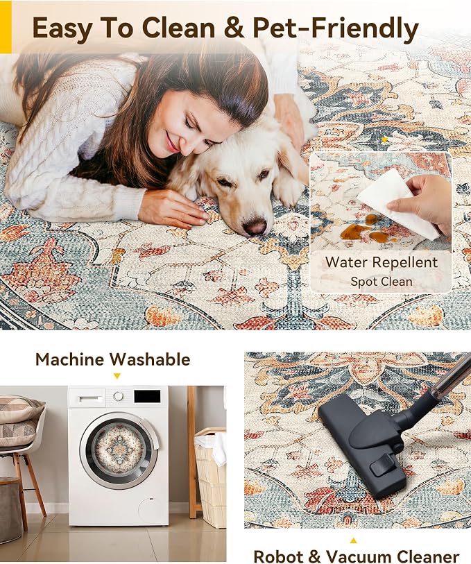 RELEANY Area Rugs Round 7ft Washable Non-Slip, Floral Vintage Distress Medallion Carpet for Living Room Bedroom Dining Room, Beige Navy Blue Orange Colorful