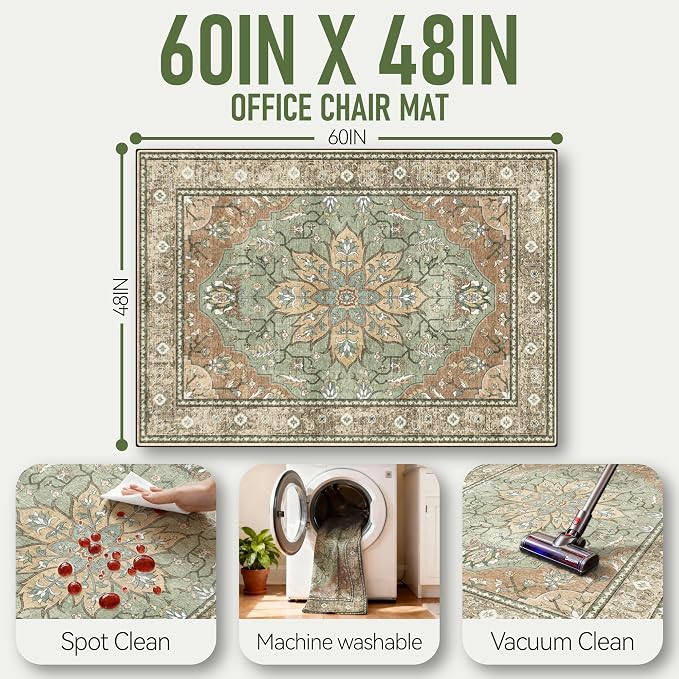48"x60" Office Chair Mat for Hardwood, Under Desk Chair Mat for Home Office, Anti-Slip Office Rugs for Rolling Chairs, Floor Protector Washable Rugs Olive Green