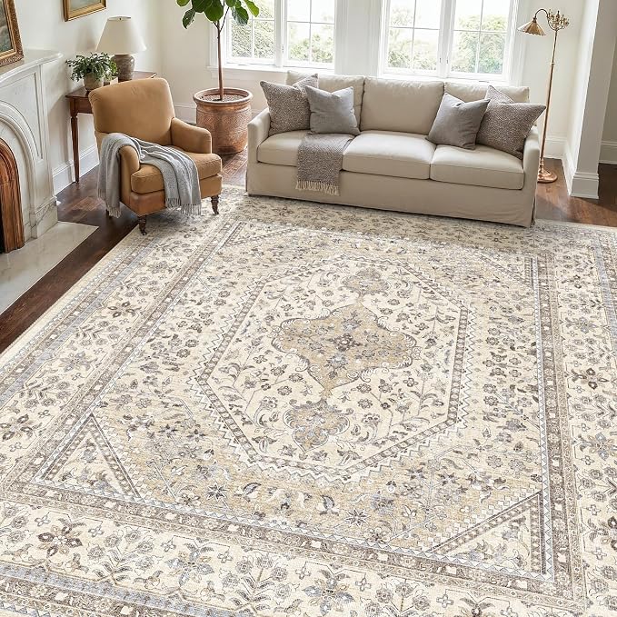 Puino 12x12 Square Area Rug - Washable Oriental Large Rugs for Living Room Soft Non-Slip Backing Indoor Carpet for Bedroom Low Pile Stain Resistant Floor Mat for Dinning Room Home Decor Beige/Gray