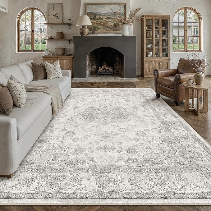 PureCozy Gray Area Rug 8x10 Washable Vintage Living Room Bedroom Carpet Non Slip Soft Low Pile Distressed Medallion Indoor Floor Grey Retro Throw Large Rug for Dining Room Office