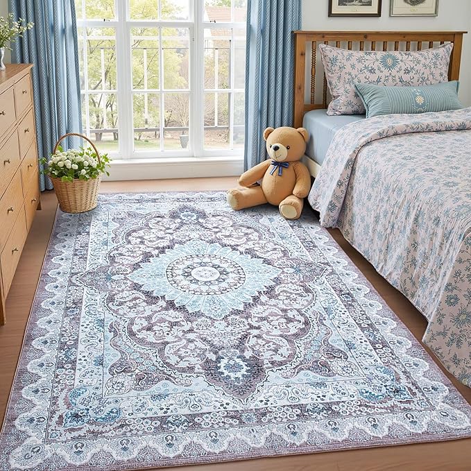 Macgace 6x9 Area Rug for Bedroom, Machine Washable Rugs with Non-Slip Backing for Living Room, Large Vintage Carpet Kitchen Laundry Kids Room Decor, Blue & Brown