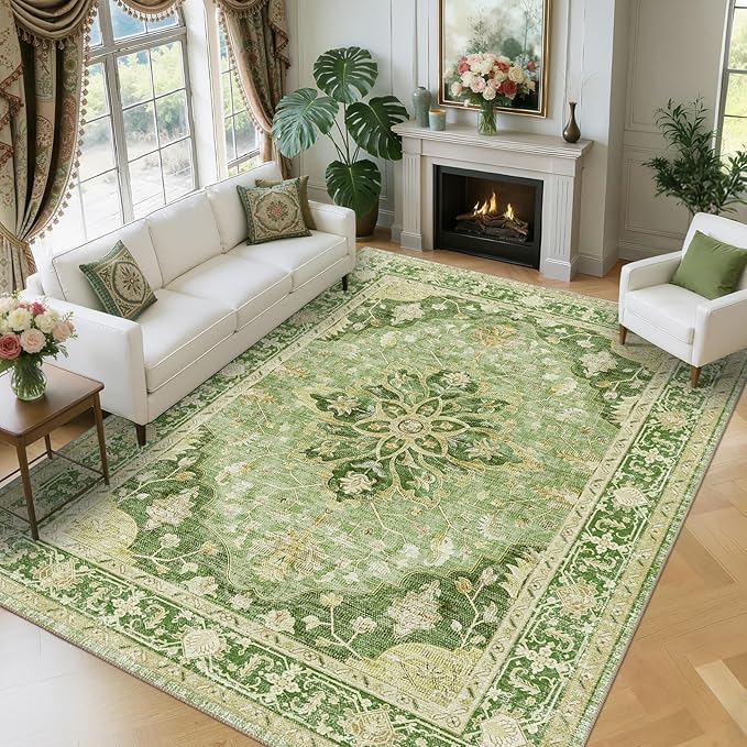 RELEANY Area Rugs 8'x10' Washable Non-Slip, Floral Vintage Distress Medallion Carpet for Living Room Bedroom Dining Room, Sage Green Yellow