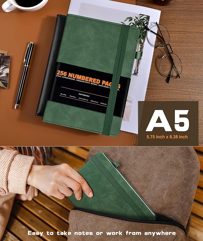 dilitego Lined Journal Notebook for Women Men, 256 Numbered Pages Hardcover Leather Journals for Writing, A5 Journaling Notebooks, College Ruled Journal for Business Work School 5.75" x 8.38" Green