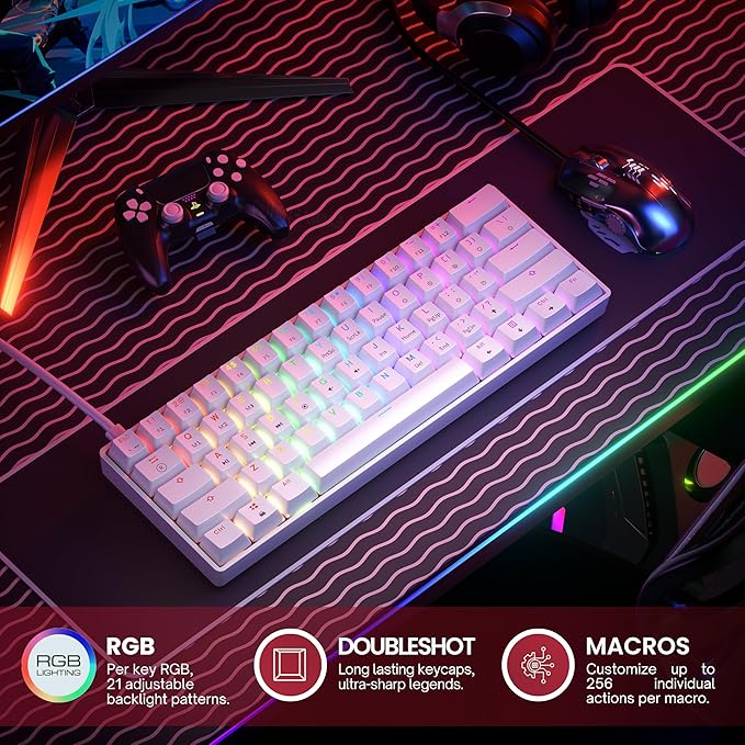 HK GAMING GK61 Mechanical Gaming Keyboard - 61 Keys Multi Color RGB Illuminated LED Backlit Wired Programmable for PC/Mac Gamer (Gateron Optical Yellow, White)