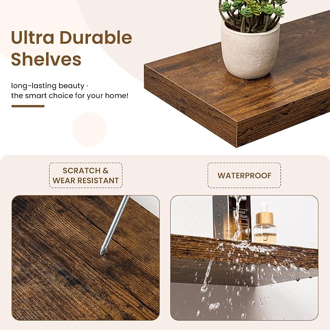 Marsmiles 55in Floating Shelves for Wall, 55" W x 9.25" D x 1.5" H, Long Wall Mounted Engineered Wood Shelves with Invisible Brackets for Living Room, Bedroom, Bathroom, Kitchen, Rustic Brown, 2Pcs