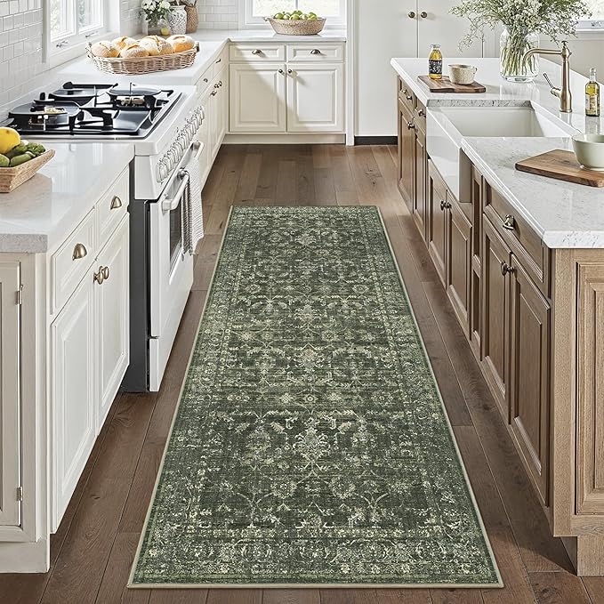 3x7 Green Runner Rug Hallway Washable Area Rugs Kitchen Vintage Boho Non Slip Long Rug Floral Carpet Indoor Retro Soft Low Pile Throw Rug for Bedroom Bathroom Laundry Dining Living Room Office