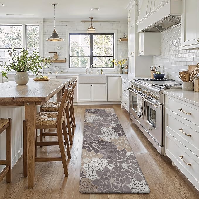 GENIMO Anti Fatigue Kitchen Runner Mats for Floor, Cushioned Standing Mats | 23"x71" , Coffee Brown vintage floral rug set, waterproof, non slip, easy-clean for farmhouse