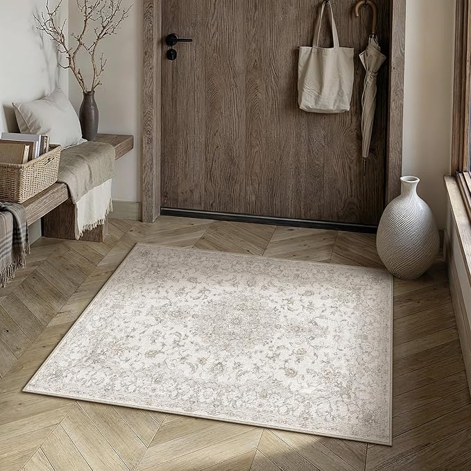 HUGEAR 2x3 Entrance Area Rug Vintage Beige Small Rug Machine Washable Door Mat Neutral Floral Low Pile Carpet Vacuumable Thin Throw Rug Entryway Kitchen Bathroom Bedroom Non Slip Lightweight