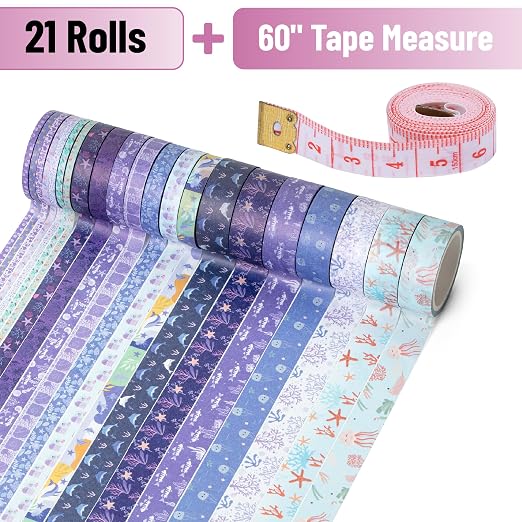 Mr. Pen- Washi Tape Set, 21 Rolls, Assorted Sizes, 5 Yards/Roll | Washi Tape for Scrapbook, Arts, Crafts, Journals and Planners, Tide & Bloom Design
