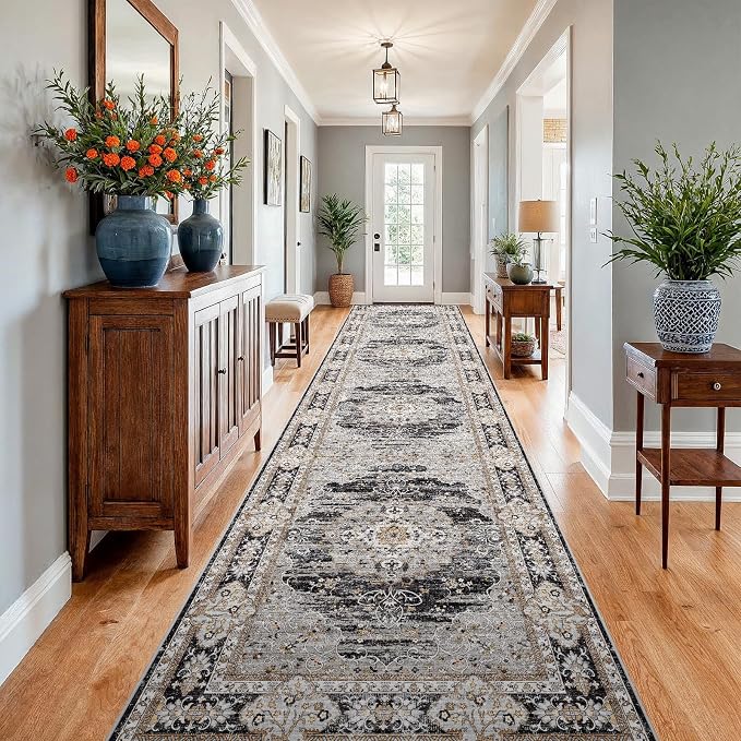 4x12 Runner Rug for Hallway Washable: Non Slip Kitchen Rugs with Rubber Backing Soft Waterproof Wide Mats Stain Resistant Low Pile Carpet for Entryway Bedroom Bathroom Laundry Home Decor Black/Gray