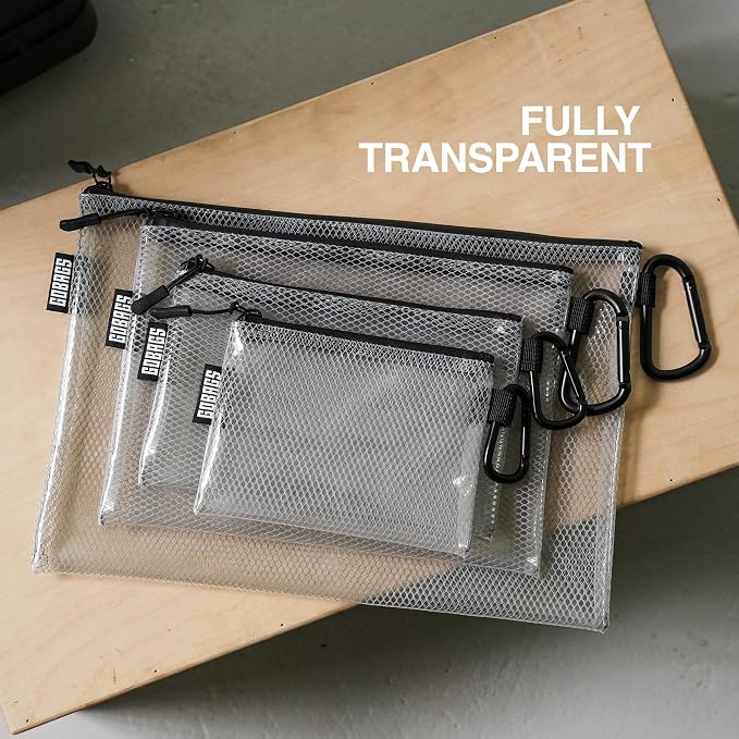 GOBAGS Air Production Multi-Size Clear Zipper Pouch (4‑Pack) – Cable Organizer & Travel Gear Bag for Electronics, Camera Accessories, Tool Pouch & Small Tech Storage