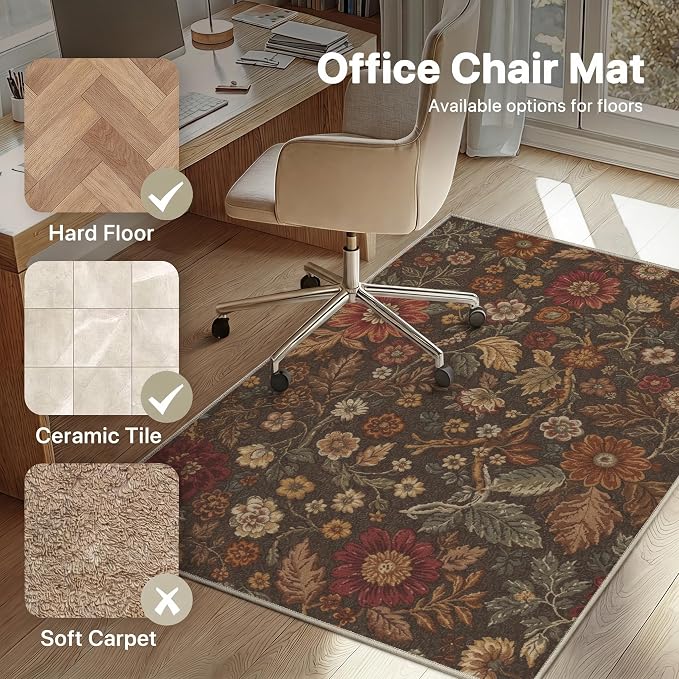 36"x48" Office Chair Mat for Hardwood Tile Floor, Under Desk Carpet Protector for Rolling Computer Chair Mat, Machine Washable Area Rug, Anti-Slip 1/5" Thick Low Pile Thin Vinyl Floor Mat, Red Brown