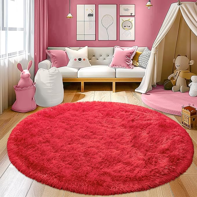 Awaytail Round Fluffy Circular Rug 8FT Red - Super Soft Shaggy Furry Carpet for Kids & Nursery