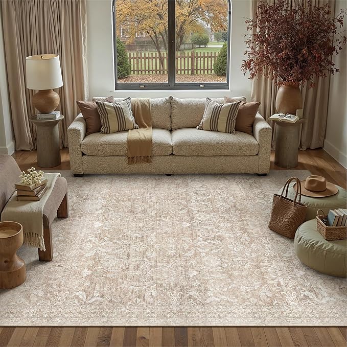 PureCozy 6x9 Area Rug Washable Beige Vintage Living Room Bedroom Carpet Indoor Large Non Slip Soft Low Pile Thin Retro Accent Home Office Dining Room Rug