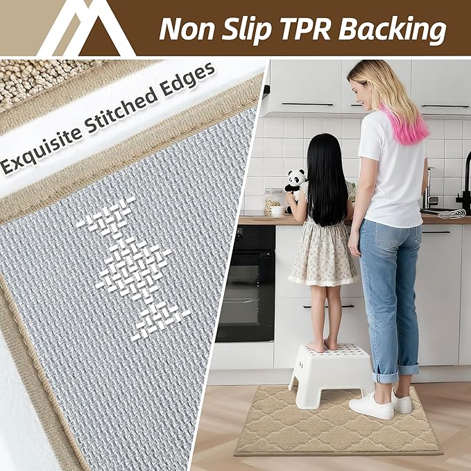COSY HOMEER Kitchen Rugs 20"x32"/20"x48" Non-Slip Washable Kitchen Mats for Floor Absorbent Kitchen Carpet Soft Rugs for Kitchen,Sink Mat,Entrance,Area Rug,Warm Beige
