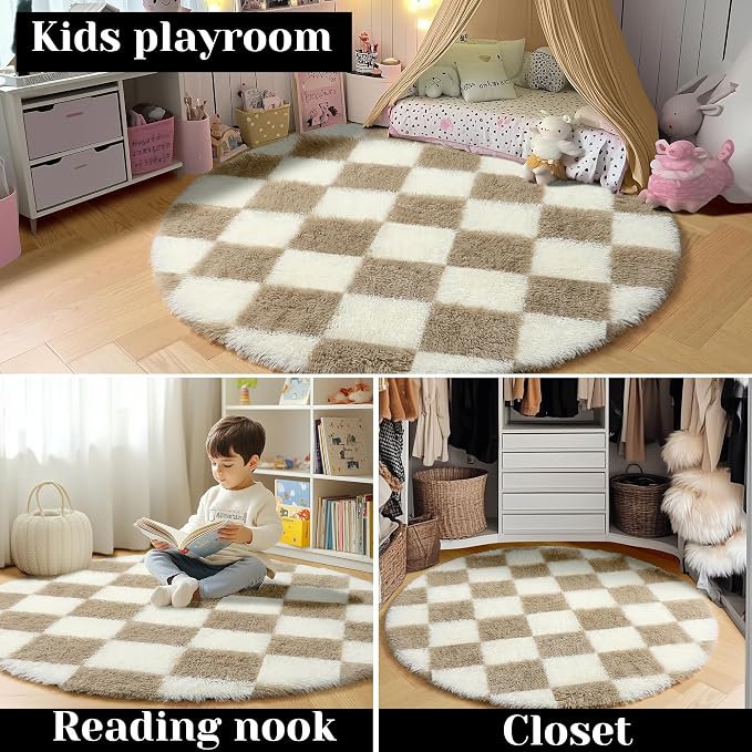 KICMOR Round Rugs for Bedroom, 4ft Fluffy Soft Circle Area Rug Beige and Cream White Checkered Shag Shaggy Carpet Small Living Room Circular Rug for Kids Boys Girls Dorm Nursery Home Decor Aesthetic