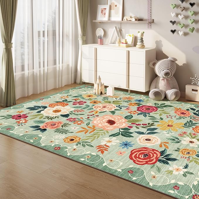 DUKINO 5x7 Area Rug, Floral Rugs for Living Room, Lightweight Non Slip Washable Rug, Indoor Low Pile & Non-Shedding Boho Design Rugs for Bedroom, Living Room, Dining Room, Green