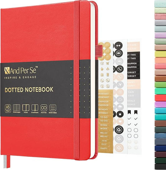 &And Per Se Dotted Journal Notebook, A5 Hardcover Leather Dotted Journal, 160 Pages 100gsm Thick Dot Grid Paper, 3 Sheets of Stickers Included - 5.7'' x 8'' (Red)