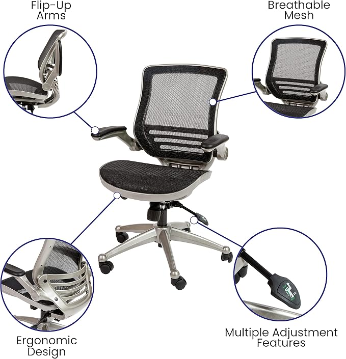 Flash Furniture Warfield Mid-Back Transparent Black Mesh Executive Swivel Office Chair with Graphite Silver Frame and Flip-Up Arms