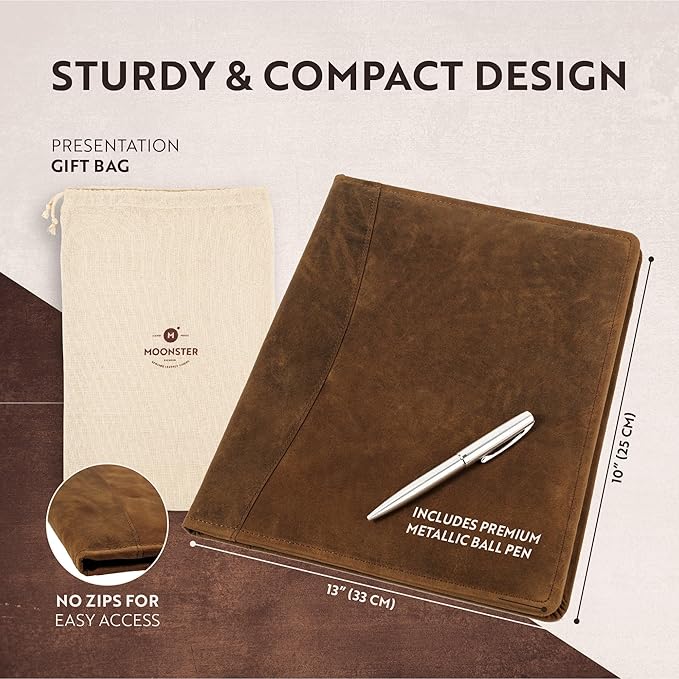 Moonster Leather Portfolio Professional Organizer Padfolio – Resume Folder with Luxury Pen - Leather Binder Portfolio Writing Pad with Business Card Holder - Portfolio Folder for Men & Women
