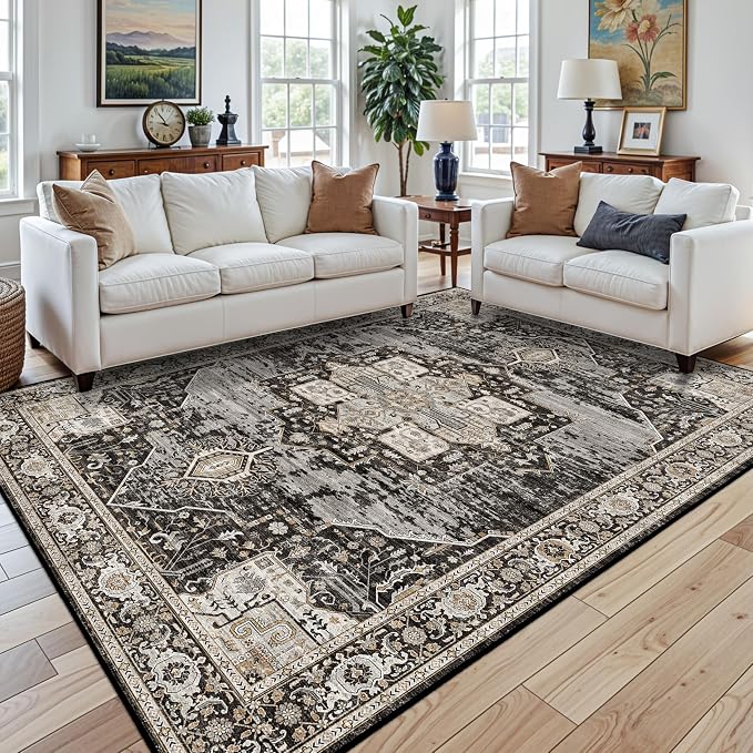 RUUGME 7x9 Area Rug Washable - Living Room Area Rugs with Non Slip Backing Stain Resistant Carpet Indoor Soft Carpets Distressed Decoration Mat for Bedroom Dining Room 7x9 Black
