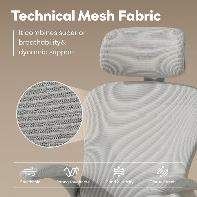 SeekFancy Ergonomic Office Chair M903, Computer Desk Chair | High Back Mesh Office Chair with Adjustable Lumbar Support, Headrest, Flip-Up Armrests, Wheels, 330LBS Capacity, All Grey