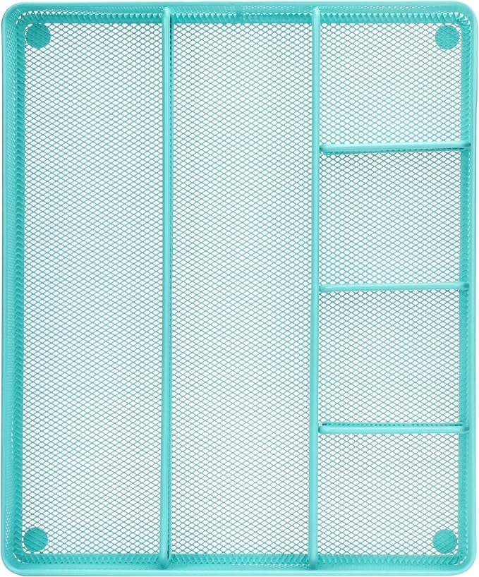 Annova Desk Top Organizer Tray for Office Organization - Metal Mesh - Storage Tray with Dividers for Pens, Desktop Accessories, Bathroom, Kitchen, Makeup and Office Supplies (Large, Turquoise)