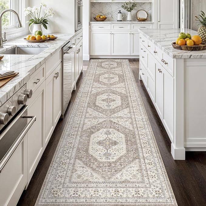 3x12 Washable Hallway Runner Rug:Oriental Indoor Kitchen Rugs Vintage Door Mat Non Slip with Rubber Backing Low Pile Thin Carpet for Bedroom Bathroom Living Room Bedside (3x12 Brown/Beige)