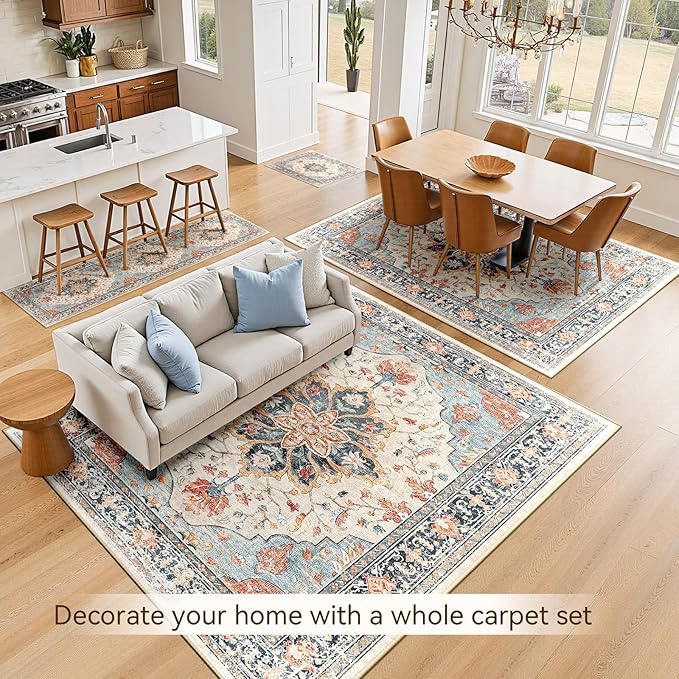 RELEANY Area Rugs 5'x8' Washable Non-Slip, Floral Vintage Distress Medallion Carpet for Living Room Bedroom Dining Room, Beige Navy Blue Orange Colorful