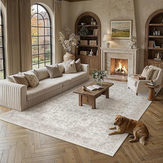 PureCozy 12x15 Area Rug Washable Neutral Beige Vintage Living Room Bedroom Carpet Non Slip Low Pile Soft Floral Indoor Large Throw Rug for Dining Room Office