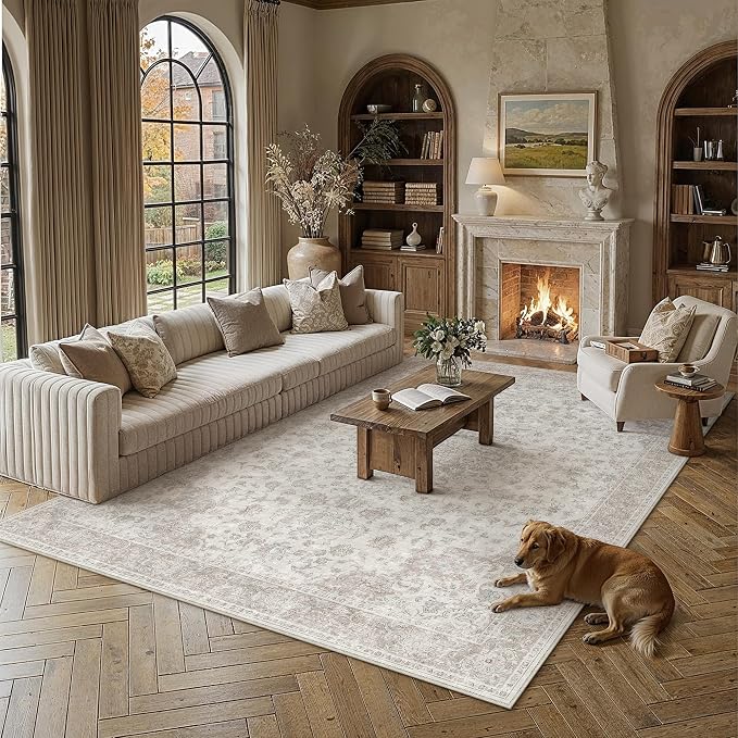 PureCozy 8x10 Area Rug Washable Neutral Beige Vintage Living Room Bedroom Carpet Non Slip Low Pile Soft Floral Indoor Large Throw Rug for Dining Room Office