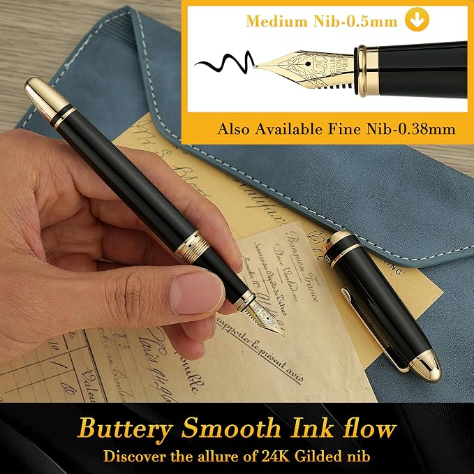 BEILUNER 315 Black Fountain Pen,Stunning Luxury Pens with 24K Gold Accents, Gorgeous 24K Gilded Nib(Medium), Ink Converter,Fancy Pen Gift for Men&Women-Elegant, Office, Reliable, Nice Design