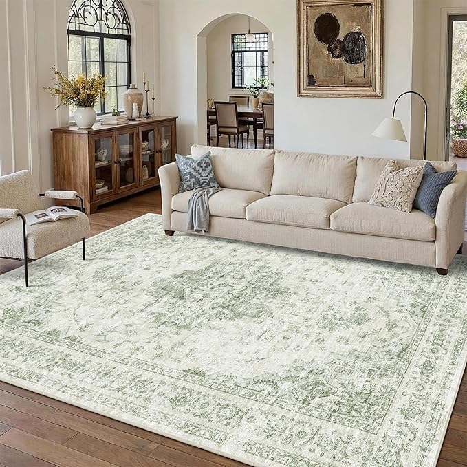 9x12 Vintage Washable Area Rugs Boho Medallion Large Distressed Retro Accent Carpet Floral Non-Slip Soft Low Pile Indoor Throw Rug for Living Room Bedroom Dining Room Office Kitchen, Green