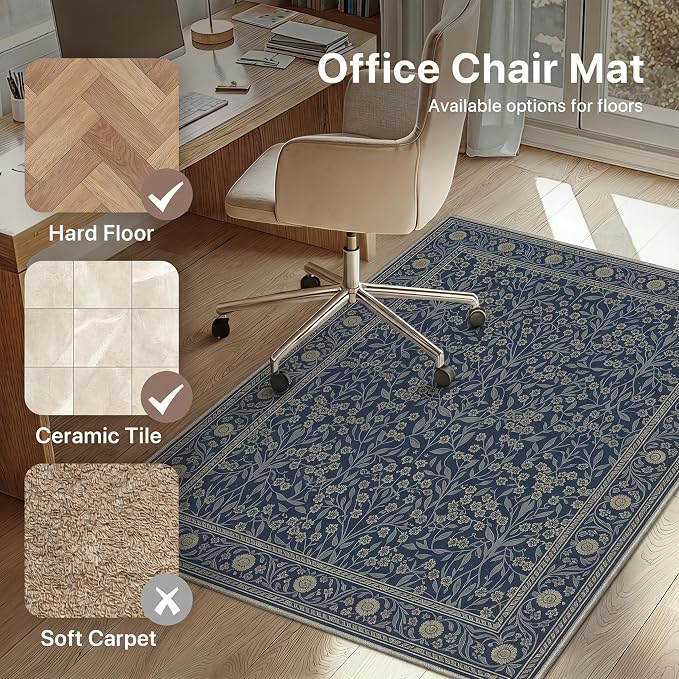 36"x60" Office Chair Mat for Hardwood Tile Floor, Under Desk Carpet Protector for Rolling Computer Chair Mat, Machine Washable Area Rug, Anti-Slip 1/5" Thick Low Pile Thin Vinyl Floor Mat, Floral Navy
