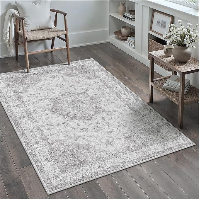 PureCozy Grey Gray Area Rug 4x6 Washable Vintage Carpet for Office Living Room Soft Retro Low Pile Thin Indoor Rug Non Slip Oriental Medallion Floor Cover for Bedroom Kitchen Dining Room