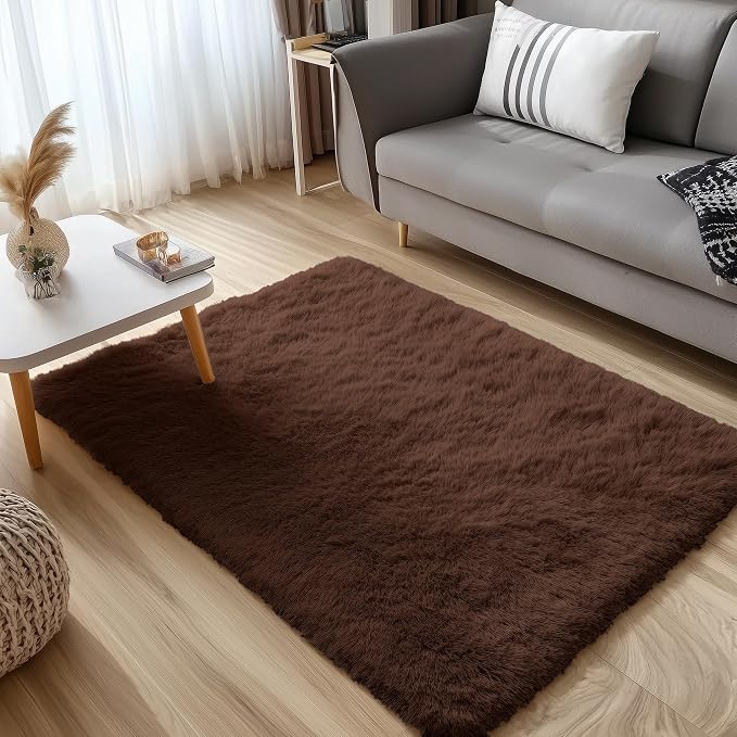 OLANLY 3x5 Machine Washable Small Bedside Rug, Soft Fluffy Shaggy Rugs for Living Room, Bedroom, Indoor Floor Carpet for Kids Girls and Boys, Preppy Dorms, Nursery, Home Decor Aesthetic, Coffee