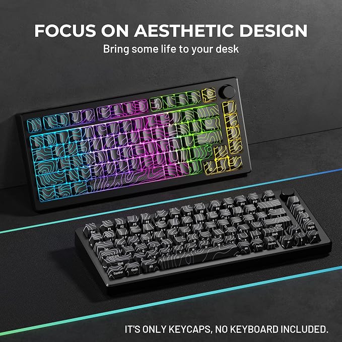 HITIME XVX Shine Through Keycaps w/IMD Tech, Custom Topographic Keycaps 60 75 100 Percent, Black Key Cap Set Lines Backlit, OEM Profile Side Printed for Keyboards