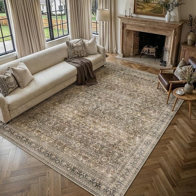HUGEAR Area Rug 8x10 Vintage Brown Machine Washable Living Room Rugs Distressed Retro Floral Mid Pile Carpet Soft Thicker Carpet Bedroom Office Dining Room Laundry Room Non Slip Soft