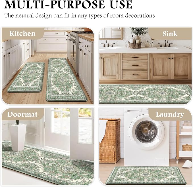 Boho Kitchen Mats for Floor 2 Piece Set Anti Fatigue Cushioned PVC Kitchen Rugs Non Slip Waterproof Farmhouse Mats 2/5 Inch Comfort Standing Mat for Sink, Laundry, 17.3"x47"+17.3"x28", Spring Green